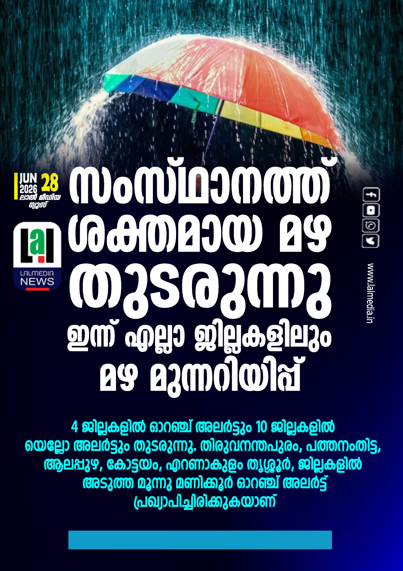 മഴ കനക്കും ; ഇന്ന് എല്ലാ ജില്ലകളിലും മഴ മുന്നറിയിപ്പ്