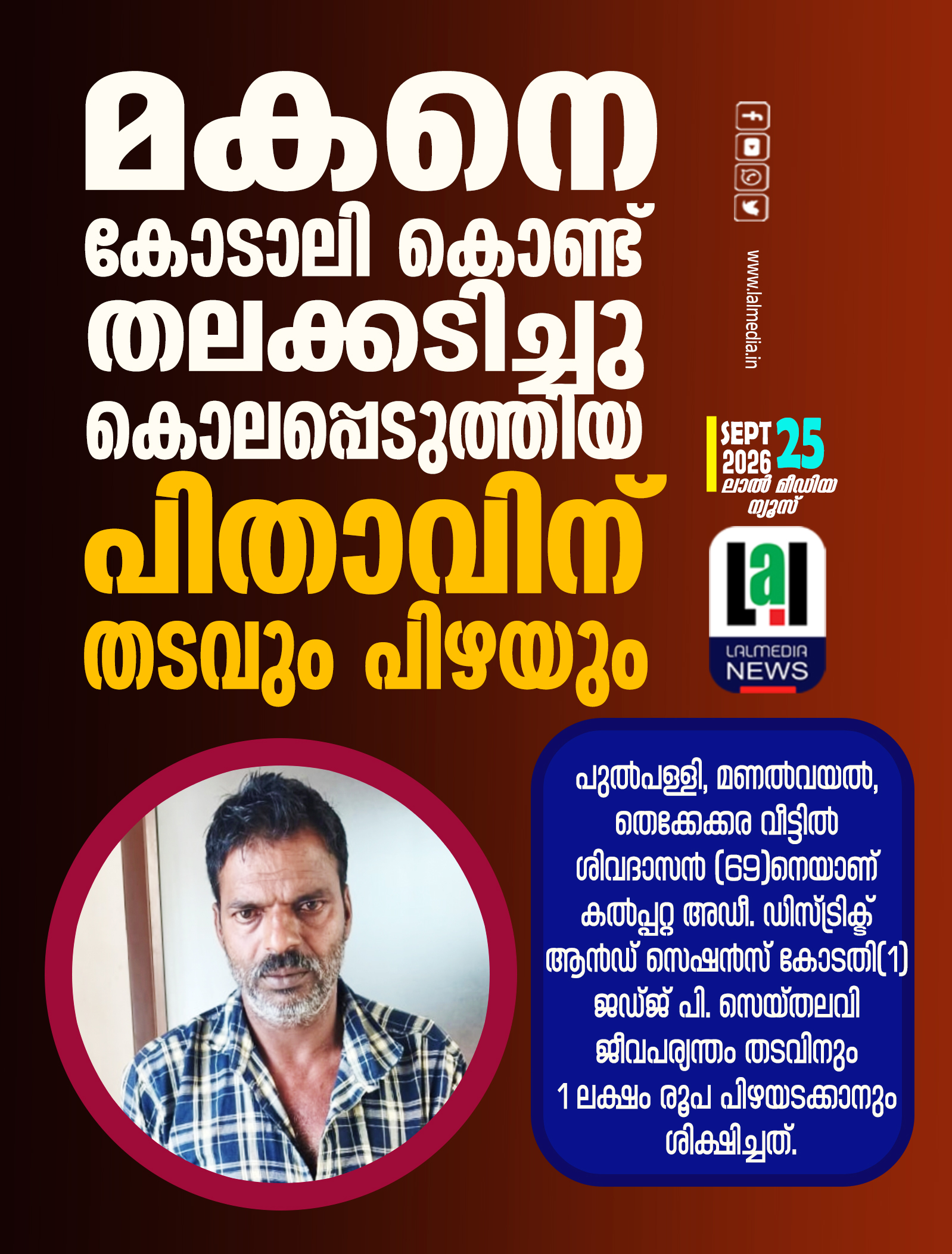മകനെ കോടാലി കൊണ്ട് തലക്കടിച്ചു കൊലപ്പെടുത്തിയ പിതാവിന് ജീവപര്യന്തം തടവും പിഴയും